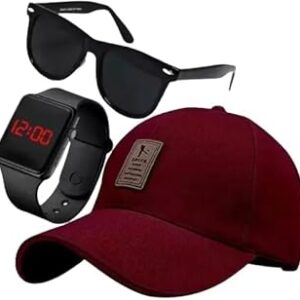 RYTORIA Summer Fashion Combo | Cotton Adjustable Sports Cap + Black Sunglasses + Multi-Function Digital Watch | Men & Women | Pack of 3