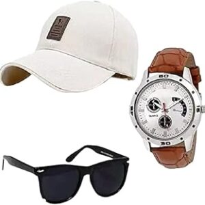 LAVISHABLE Pack of 3 Stylish Dial Watch, Stylish Sport Baseball Cap & Stylish Aviator Sunglass for Men's and Boy's GFMN-1067(3-COMBO-GFMN1109_bzr) Multicolour