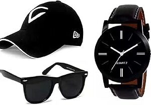 Men Stylish Cap Watch Sunglasses Combo Set – Black Fashion Accessories Pack for Boys & Men
