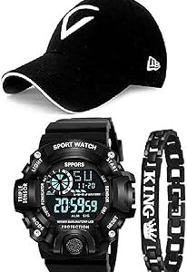 Silicone Brand - A - Digital Black Boy's Combo Pack Of With Black King Bracelet With Black Baseball Cap