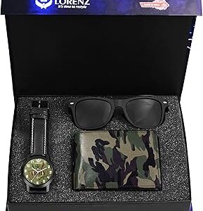 Leather Combo Of Black Sunglasses, Army Series Analog Watch & Wallet Combo Box For Men|Combo Boys