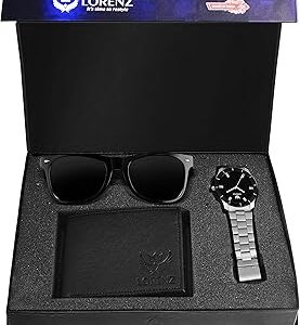 Stainless Steel Combo Of Analog Black Dial Watch, Wallet And Black Sunglasses For Men- Cm-1066Sn-Wl-Blk